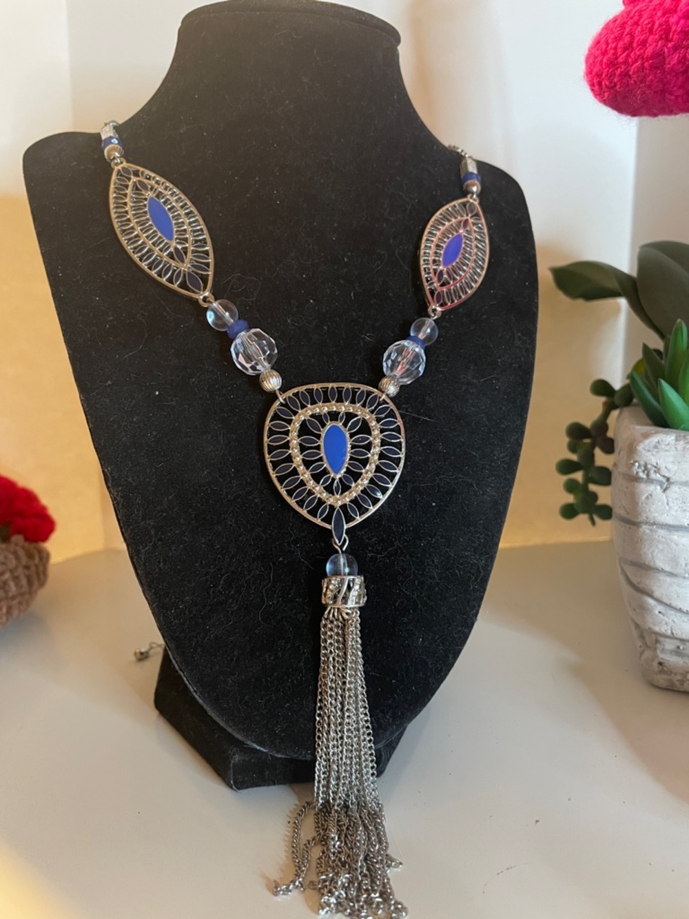 Silver-Tone Necklace with Blue Accents and Tassel